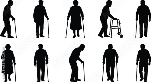 Elderly people silhouettes set for disability, retirement, aging process, and mobility support icons, vector illustration on white background