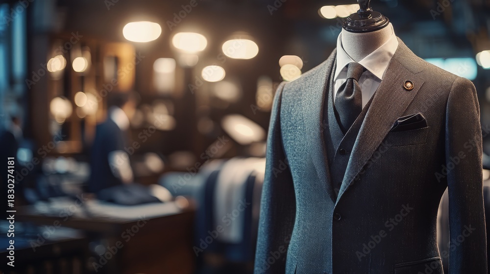 © Chaikit - High-end fashion atelier with Italian wool three-piece suit on display form, dramatic spotlight illuminating perfect stitching details, blurred tailors working in background, premium fabric rolls © Chaikit - High-end fashion atelier with Italian wool three-piece suit on display form, dramatic spotlight illuminating perfect stitching details, blurred tailors working in background, premium fabric rolls