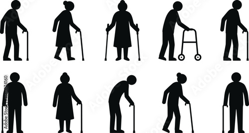 Elderly senior people silhouettes set for disability, retirement, aging process, and mobility support icons, vector illustration on white background
