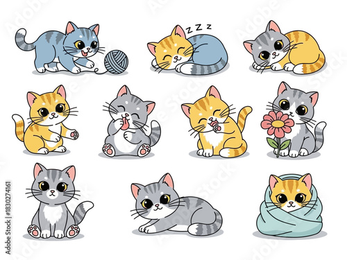 Adorable cartoon cats in various poses playing sleeping and holding a flower design