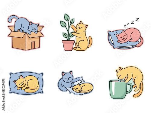 Cute cartoon cats in various poses sleeping playing and exploring their home life