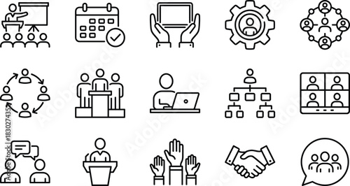 Business Meeting, Teamwork, Management, and Communication Line Icon Set, Training, Organization Chart, Conference, Agreement, and Collaboration Outline Symbols Vector