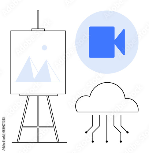 Easel with minimalist artwork, blue video icon, and cloud with connected circuits. Ideal for creativity, digital media, design, technology, innovation online content or remote work. Simple flat