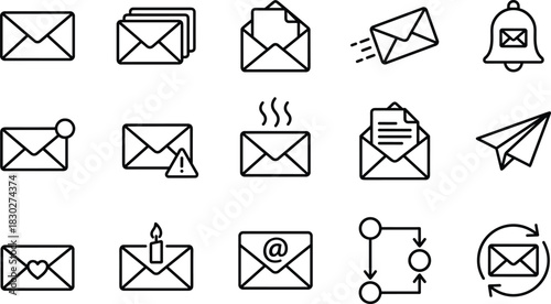 Email, Communication, and Messaging Line Icons Set: Notification, New Mail, Heart, Warning, Birthday, Process Flow, and Digital Correspondence Concepts.