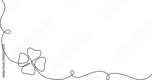 Continuous line drawing of a lucky four-leaf clover with elegant swirls. Vector