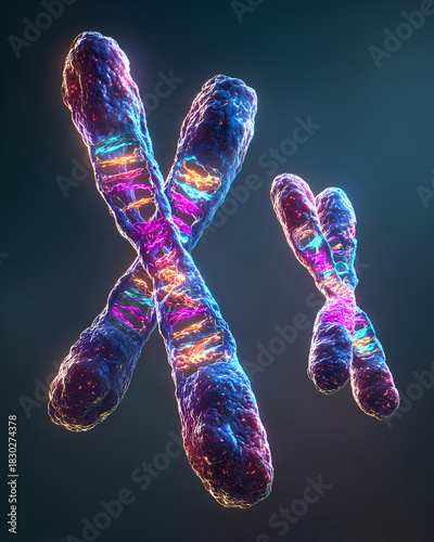 Side-by-side comparison of glowing X and Y chromosomes with radiant DNA strands showing detailed molecular textures and structural differences in sci-fi style