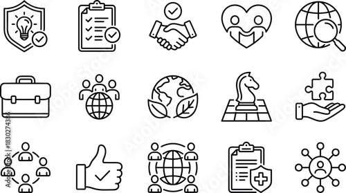 Business Strategy, Global Collaboration, and Compliance Line Icon Set, Partnership, Intellectual Property, Problem-Solving, Health Insurance, and Teamwork Outline Symbols