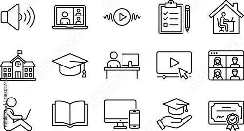 E-learning, Distance Education, and Remote Work Line Icons Set, Including Video Conference, School, Diploma, Studying, and Home Office Concepts.