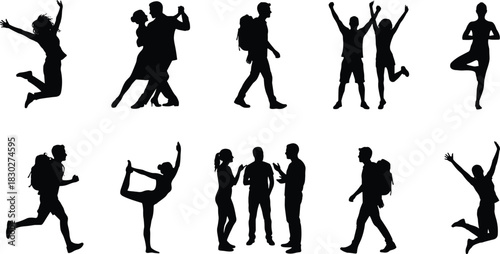 Silhouettes of diverse people in active and social roles: jumping, dancing, hiking, and practicing yoga, illustrating lifestyle, fitness, adventure, and interaction.