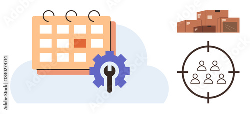 Calendar with gear overlay, target marking group of users, stack of boxes. Ideal for scheduling, supply chain, logistics, time management, business planning user targeting team coordination. Simple