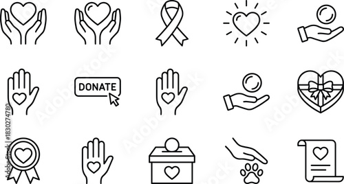 Charity, Donation, and Volunteering Line Icon Set, Heart, Ribbon, Give Money, Social Awareness, Love, and Non-Profit Organization Outline Symbols Vector