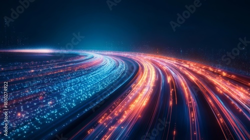 Hyper-connected roadway transformed into information superhighway, data packets visualized as streaking light particles with motion blur, technological disruption concept, digital transformation