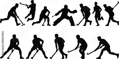 Collection of field hockey player silhouettes in dynamic poses, featuring a goalie and various athletes, isolated vector graphic on white background.