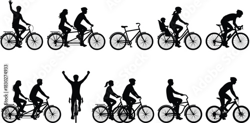 Silhouettes of diverse people riding various bicycles—racing, tandem, and family bikes—illustrating sport, active leisure, healthy travel, and outdoor fitness.