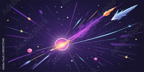 A glowing galaxy burst design features shiny blue particles and bright stars across a dark night sky space background