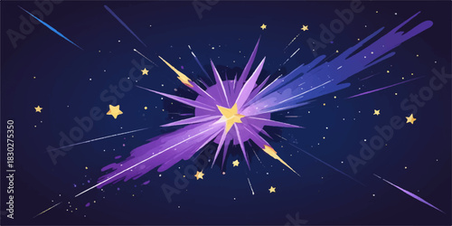 A glowing vector illustration of a magic starry night sky featuring bright fireworks and a holiday star burst celebration against a dark blue cosmos galaxy background