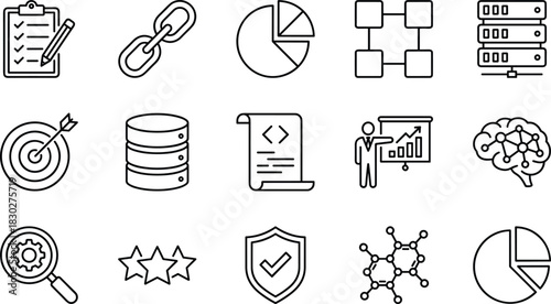 Data Analysis, Business Management, Technology, and Research Line Icon Set, Strategy, Brain, Coding, Database, SEO, and Security Outline Symbols Vector