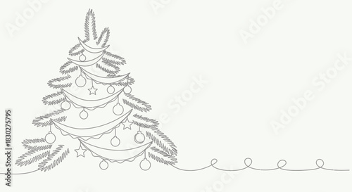 Elegant Christmas Tree Outline Drawing with Ornaments and Swirling Garland Design
