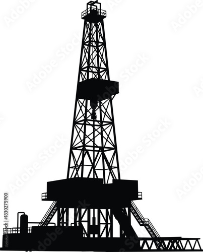 Detailed Silhouette of Oil Rig Drilling Derrick Structure, Industrial Platform for Petroleum and Natural Gas Extraction, Isolated Black Vector on White
