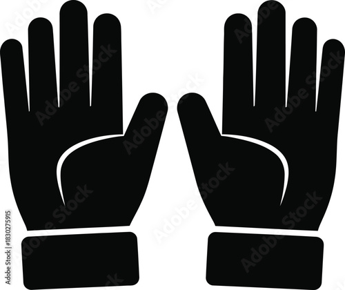 Black silhouette icon of a pair of winter or work gloves with cuffs, isolated on white background for easy use in various design projects