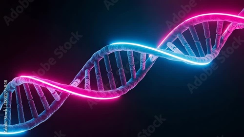 Illuminated dna helix animation with pink and blue neon lighting for science