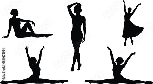 Silhouettes of female dancers and models in various poses—sitting, standing, dancing, and performing splits—illustrating beauty, grace, art, and flexibility.