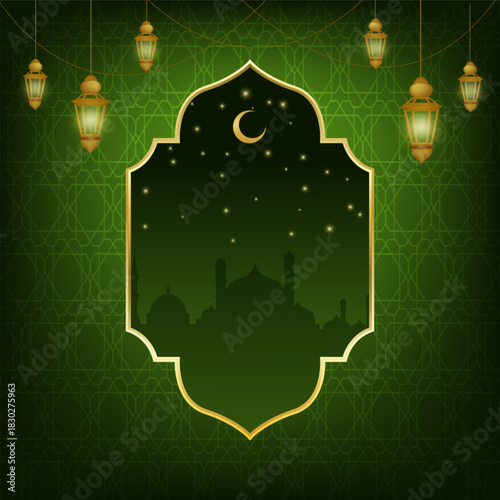 Realistic ramadan gold and green color illustration