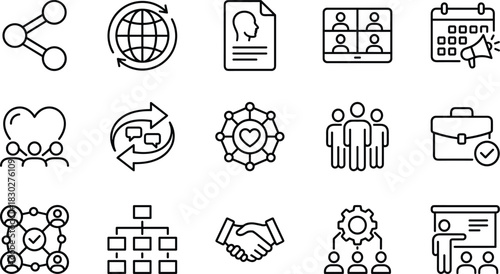Line Art Icons Set of Business, Teamwork, HR, Management, and Corporate Communication Elements Including Global Network, Video Conference, and Collaboration