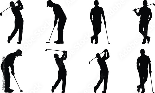 Silhouettes of male golfers swinging clubs, putting, and posing on the course, illustrating golf sport, leisure, precision, and athletic recreation.
