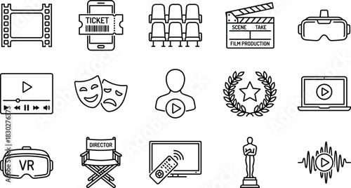 Line Art Icons Set of Film, Movie, Cinema, and Entertainment Industry Elements Including Clapperboard, VR Headset, Award Statue, and Director's Chair