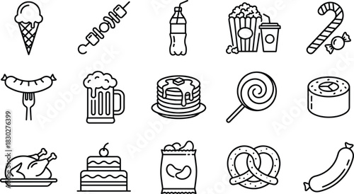 Food, Snacks, and Drinks Line Icon Set, Fast Food, Dessert, Candy, Sausage, Beer, Popcorn, and Bakery Outline Symbols Vector for Menu Design
