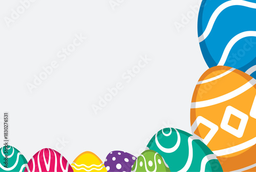 Bright Easter border with large and small decorated eggs arranged along the edges, leaving an open center for text.
