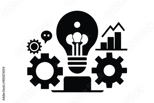 Conceptual silhouette of a glowing light bulb with gears representing innovation silhouette on white background