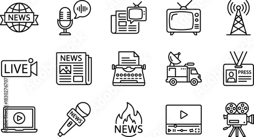 Journalism and News Reporting Line Icon Set, Live Broadcasting, Media, Television, Microphone, Press, Global Information, and Communication Outline Symbols Vector