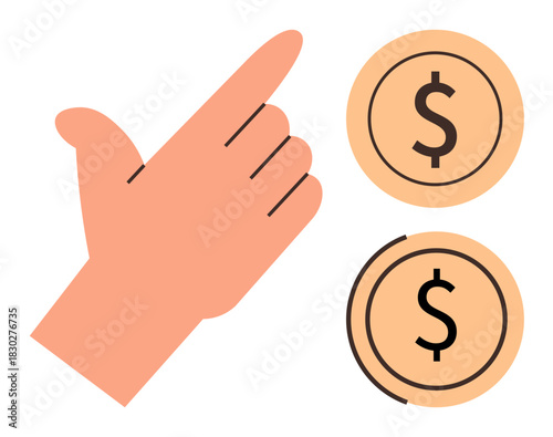 Hand pointing at two dollar coins indicating actions involving money. Ideal for finance, savings, payments, investments, budgeting, income, simplicity concept. A simple flat metaphor