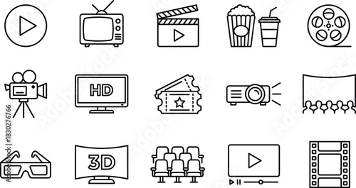 Line Art Icons Set of Movie, Cinema, Film Production, Video Streaming, and Home Entertainment Elements Including 3D Glasses, Projector, and Popcorn