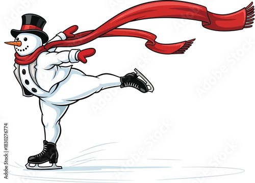 Cartoon snowman figure skater wearing top hat and long red scarf gliding gracefully on ice isolated on white background