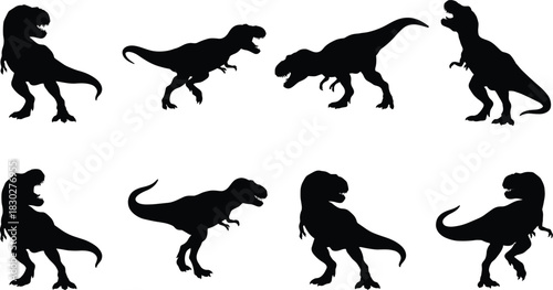 Silhouettes of Tyrannosaurus Rex (T-Rex) dinosaurs in various aggressive roaring and walking poses, illustrating prehistoric animals, extinction, and paleontology.