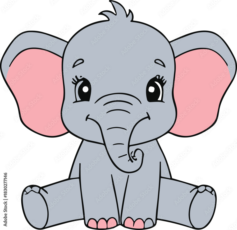 Fototapeta premium Cute baby elephant cartoon, adorable colorful animal illustration for kids, sitting zoo character drawing, nursery art design, playful wildlife graphic