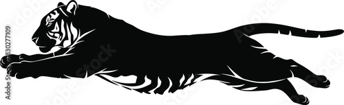 Black silhouette of a running tiger in a dynamic leaping pose, isolated on white background