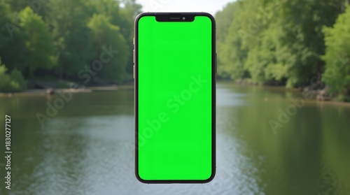 Commercial Display Mockup: Green Screen Phone with River Background