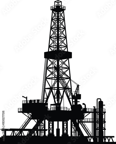 Oil Rig Drilling Derrick Platform Silhouette, Industrial Structure for Petroleum and Gas Extraction, Isolated Black Vector on White Background