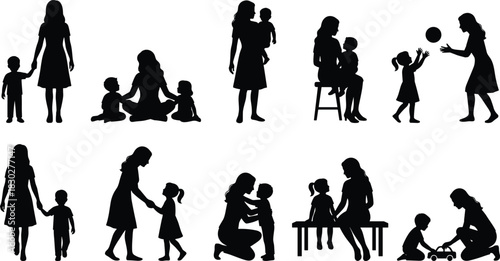 Mother and children silhouettes set, walking, playing, hugging, and sitting, vector icons illustrating family bonding, parenting, and childhood moments