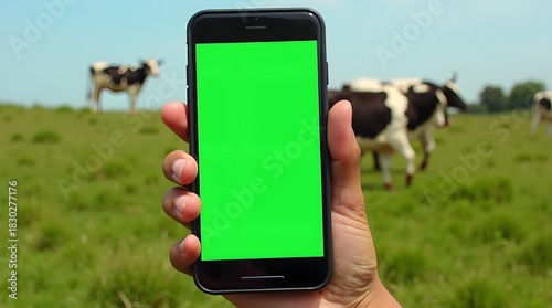 Commercial Display Mockup: Green Screen Phone with Cattles Background