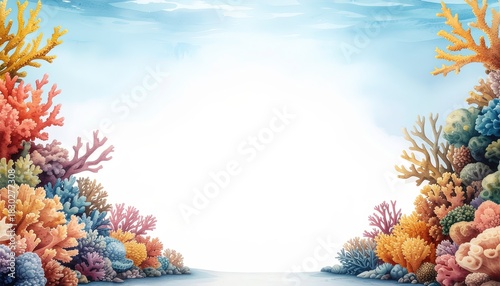 Fototapeta Naklejka Na Ścianę i Meble -  Vibrant Underwater Coral Reef Frame Border with Sea Plants and Marine Life in Watercolor Style