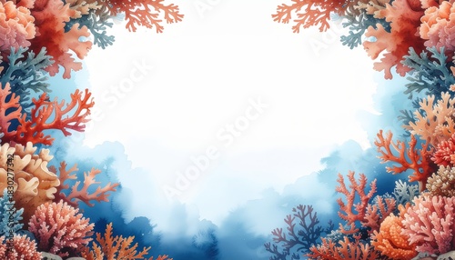 Fototapeta Naklejka Na Ścianę i Meble -  Colorful Watercolor Coral Reef Border with Tropical Sea Life and Underwater Plants for Marine Themes