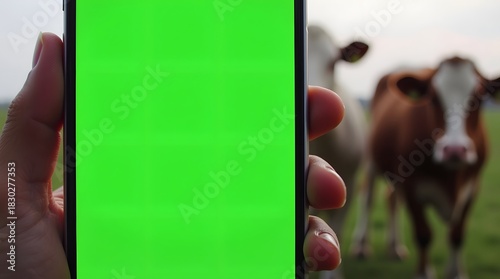 Commercial Display Mockup: Green Screen Phone with Cattles Background