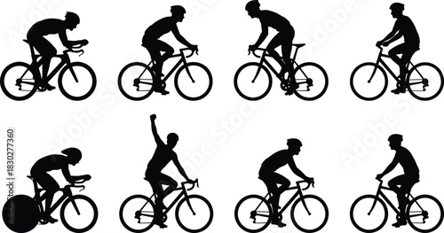 Professional Cyclist Silhouette Set: Road Racing, Time Trial Bicycle, Athletes Training, Sport Competition, Bike Rider, Fitness and Healthy Lifestyle