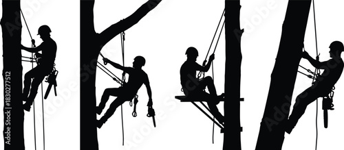 Professional Tree Climbing Arborists Silhouette Collection: Working High on Trunks, Chainsaw Safety, Skilled Tree Surgeons, Forestry and Landscaping