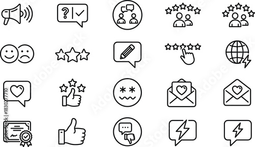 Vector line icon set for service rating, customer feedback, review, and satisfaction survey, including emotional scale, user comment, certificate, and social media icons